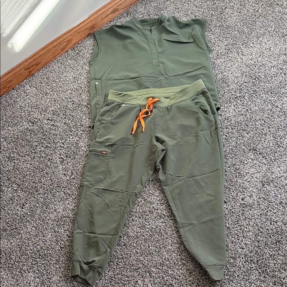 Figs Olive Green Scrub Set with Orange Accent